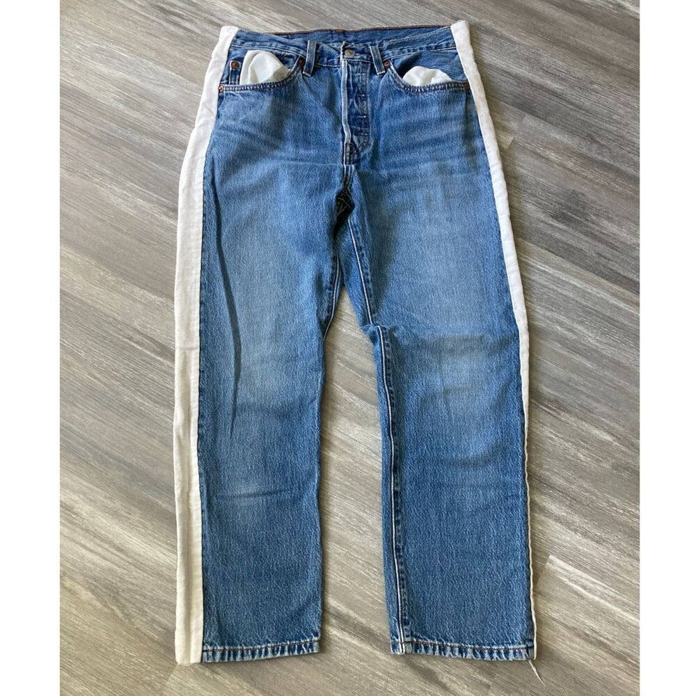 Levi's Premium 501 Big E Custom White Side Stripe Straight Jeans Upcycled 29x24